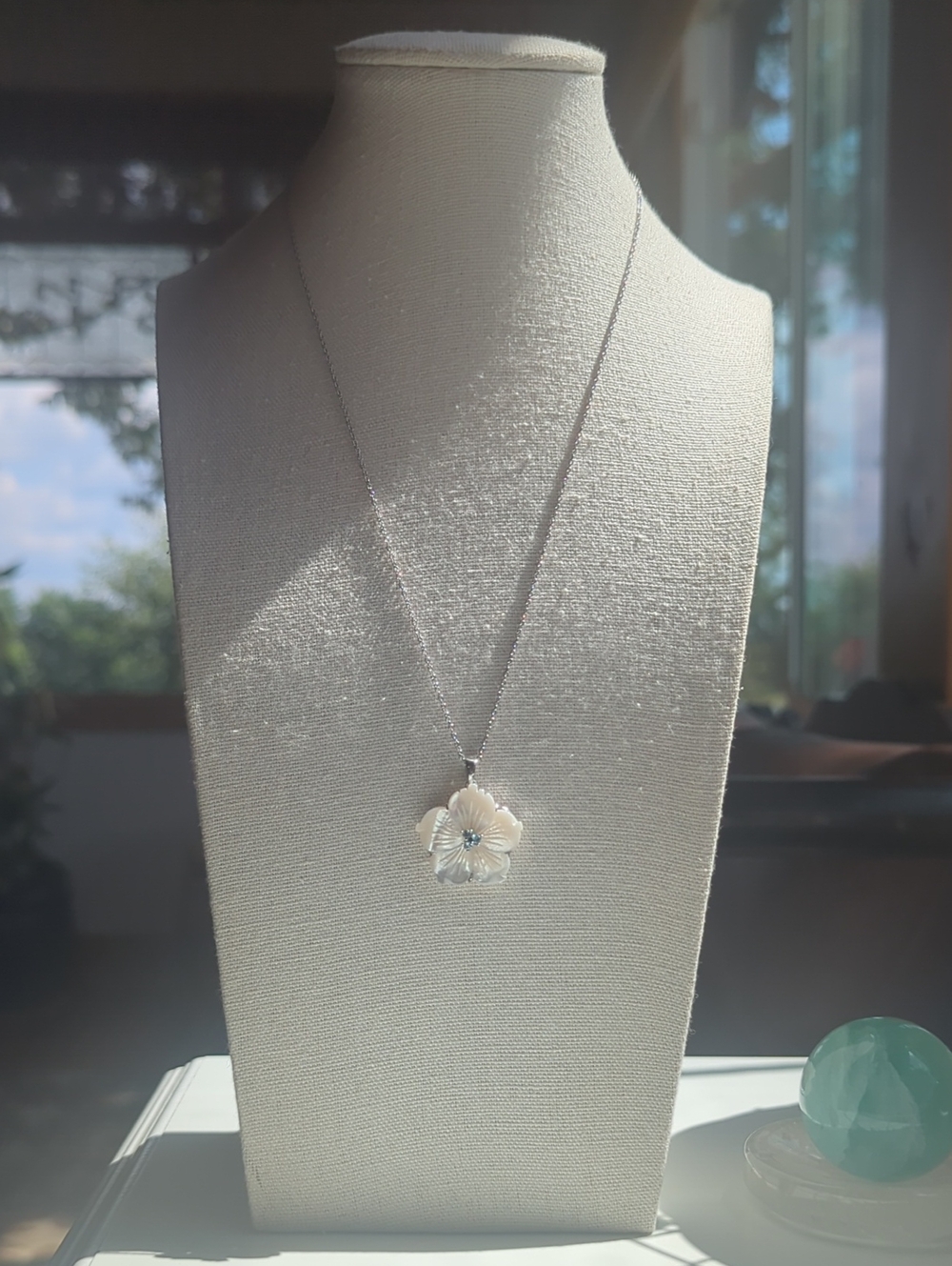 Stauer Mother of Pearl Blue Topaz Sterling Silver Flower Pendant 18"-20"